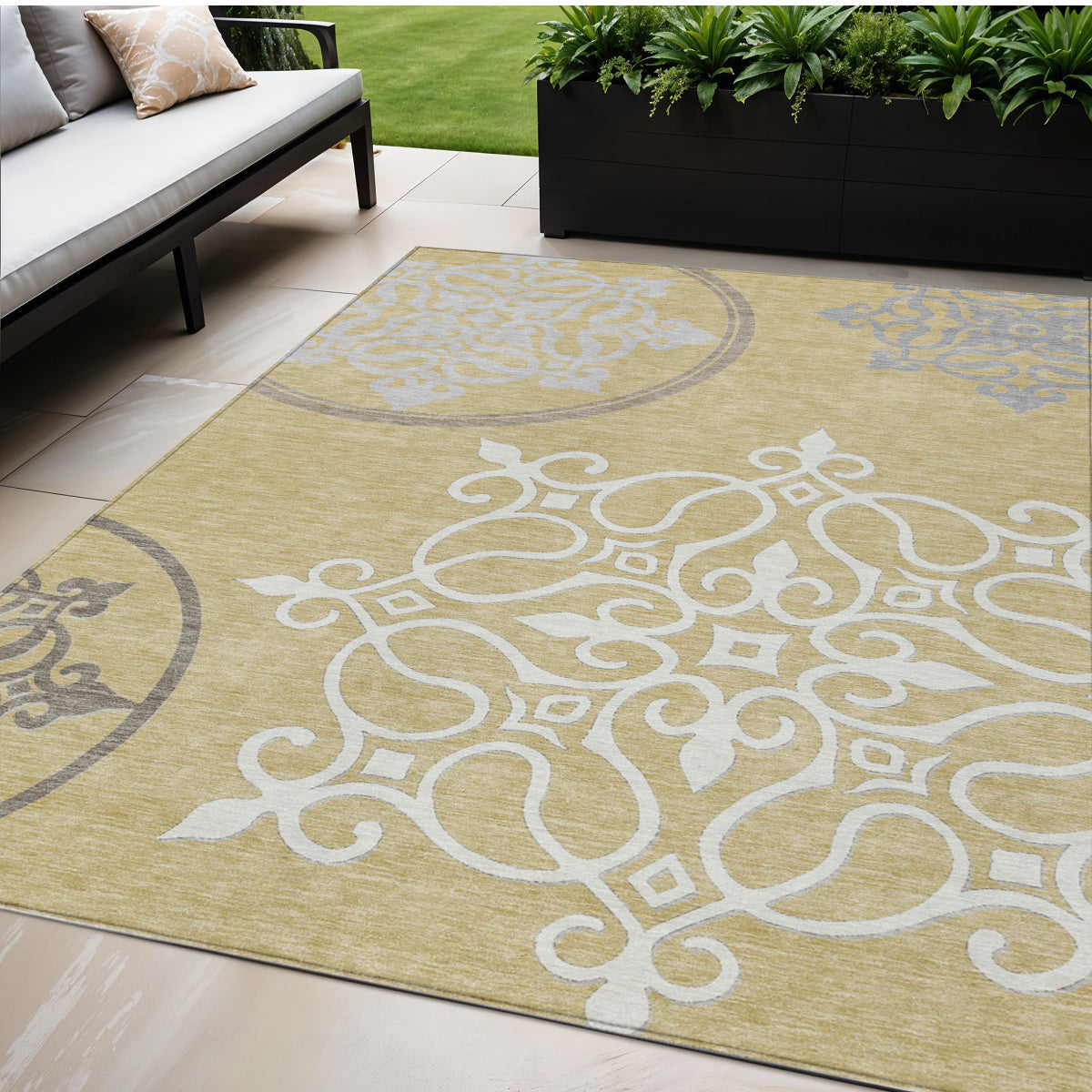 Tabselect Home Line 5' X 8' Gold Ivory And Gray Floral Medallion Washable Indoor Outdoor Area Rug