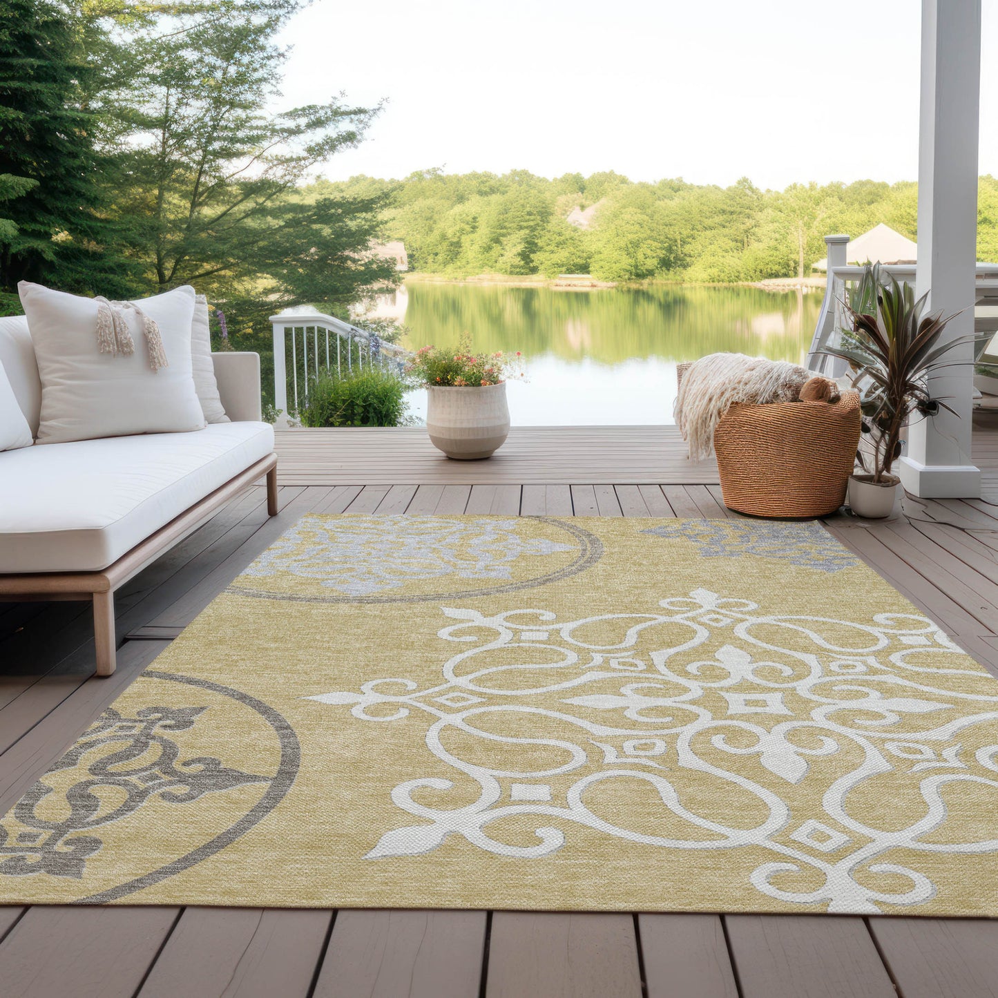 Tabselect Home Line 5' X 8' Gold Ivory And Gray Floral Medallion Washable Indoor Outdoor Area Rug