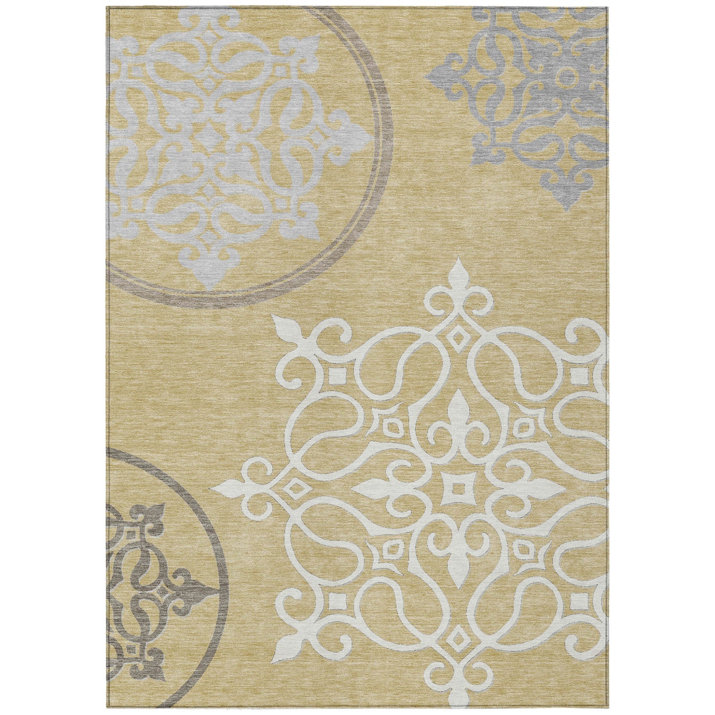 Tabselect Home Line 5' X 8' Gold Ivory And Gray Floral Medallion Washable Indoor Outdoor Area Rug