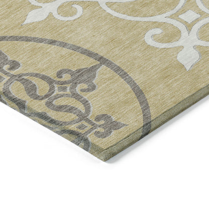 Tabselect Home Line 5' X 8' Gold Ivory And Gray Floral Medallion Washable Indoor Outdoor Area Rug