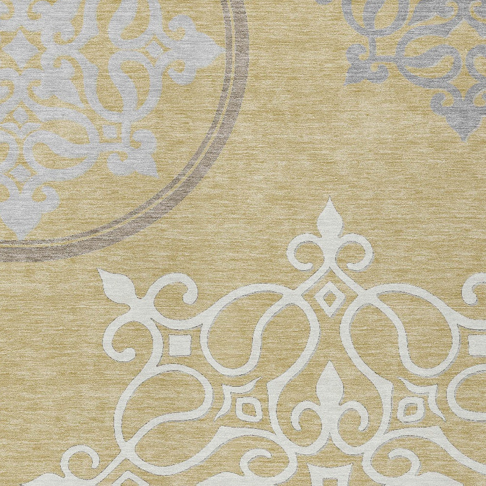 Tabselect Home Line 5' X 8' Gold Ivory And Gray Floral Medallion Washable Indoor Outdoor Area Rug