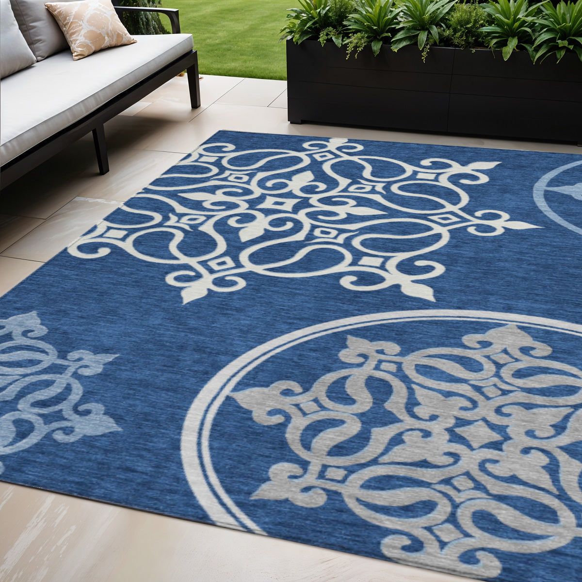 Tabselect Home Line 5' X 8' Navy Blue Floral Medallion Washable Indoor Outdoor Area Rug