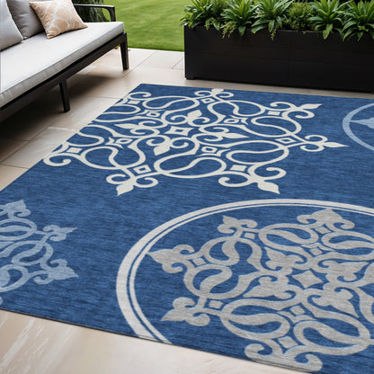 Tabselect Home Line 5' X 8' Navy Blue Floral Medallion Washable Indoor Outdoor Area Rug