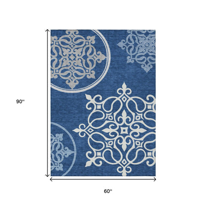 Tabselect Home Line 5' X 8' Navy Blue Floral Medallion Washable Indoor Outdoor Area Rug