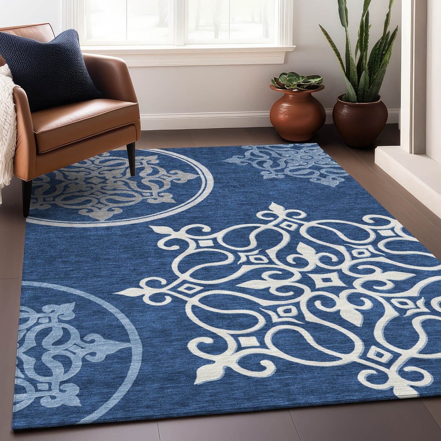 Tabselect Home Line 5' X 8' Navy Blue Floral Medallion Washable Indoor Outdoor Area Rug