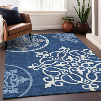 Tabselect Home Line 5' X 8' Navy Blue Floral Medallion Washable Indoor Outdoor Area Rug