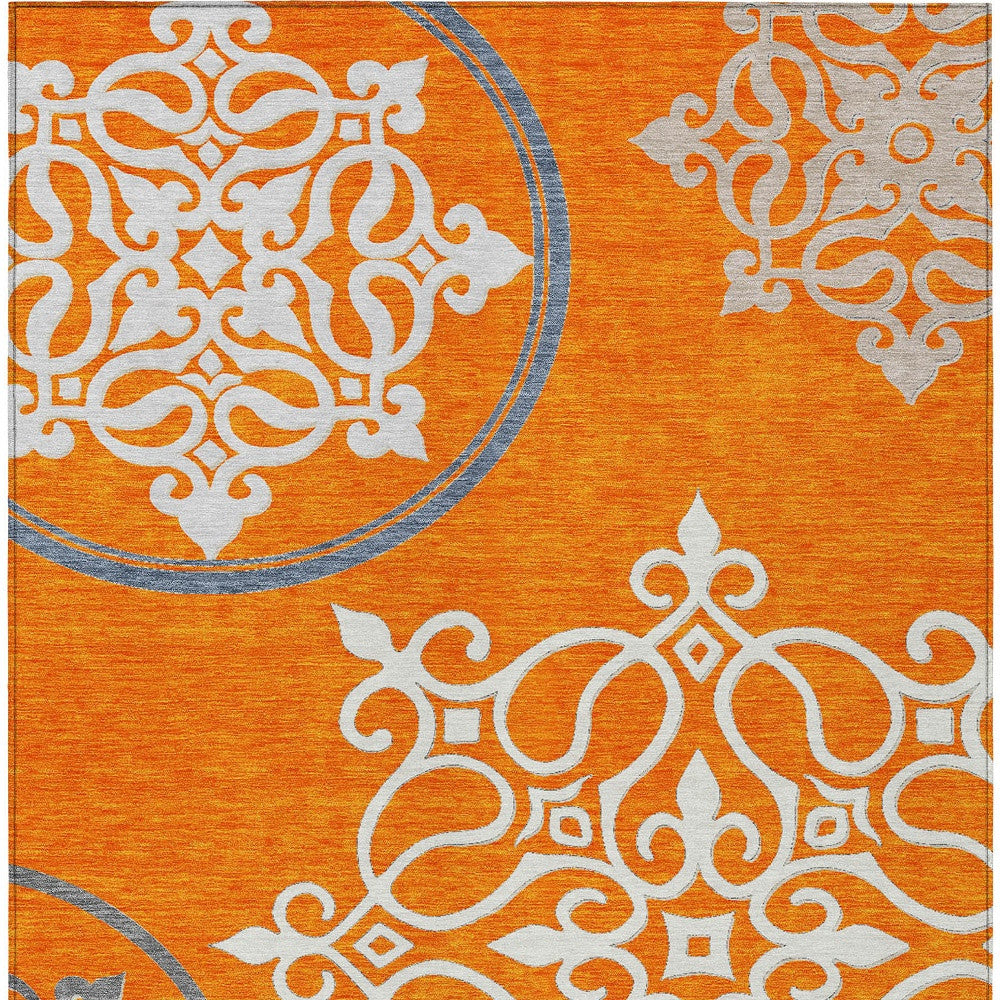 Tabselect Home Line 5' X 8' Orange Gray And Ivory Floral Medallion Washable Indoor Outdoor Area Rug