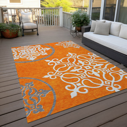 Tabselect Home Line 5' X 8' Orange Gray And Ivory Floral Medallion Washable Indoor Outdoor Area Rug