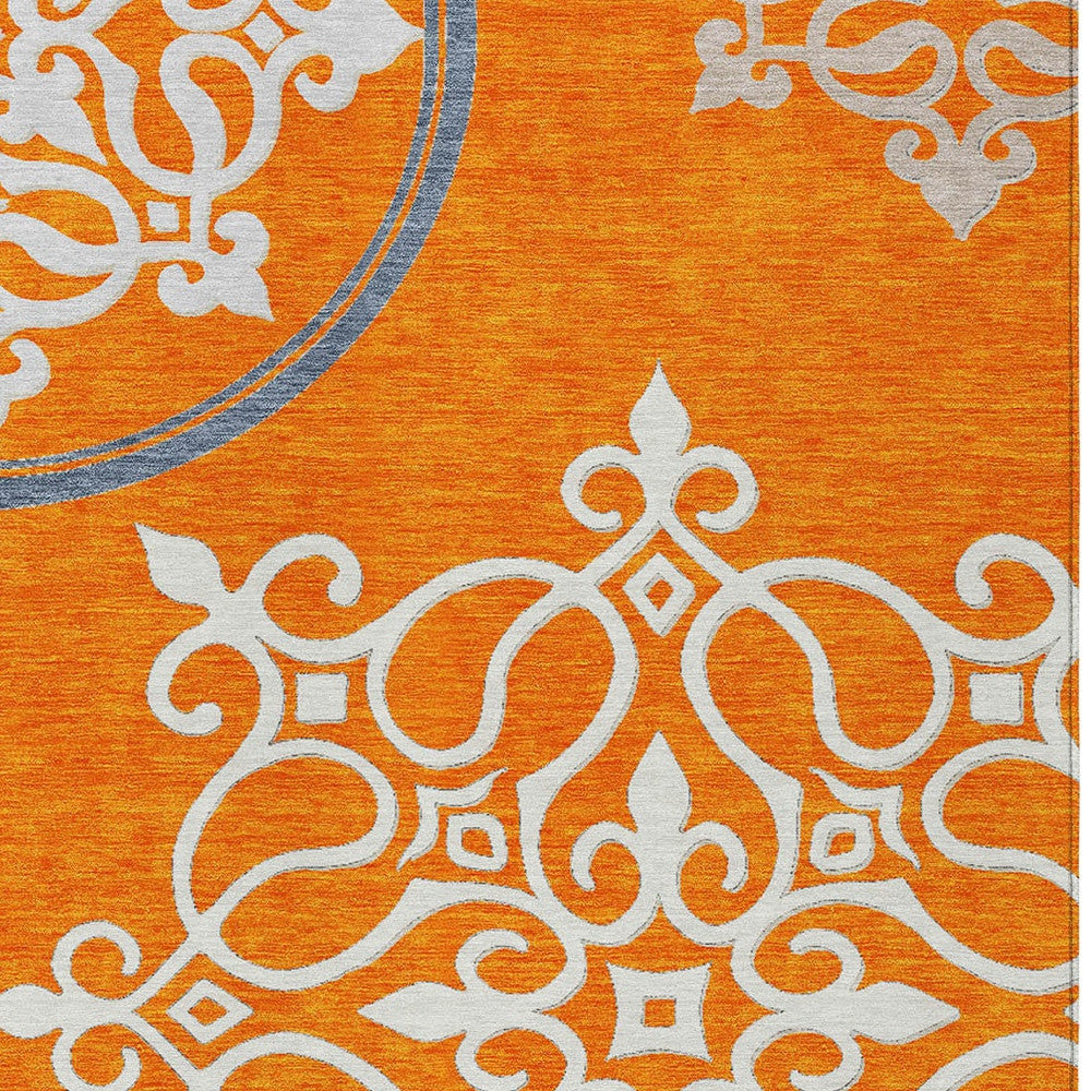 Tabselect Home Line 5' X 8' Orange Gray And Ivory Floral Medallion Washable Indoor Outdoor Area Rug