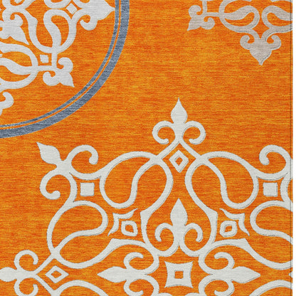 Tabselect Home Line 5' X 8' Orange Gray And Ivory Floral Medallion Washable Indoor Outdoor Area Rug