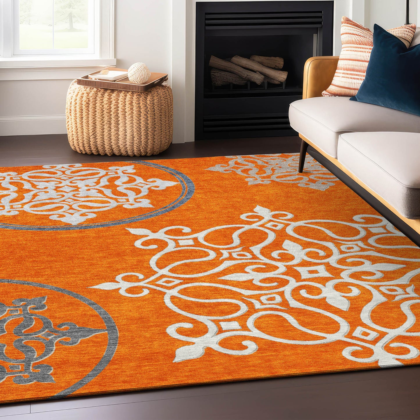 Tabselect Home Line 5' X 8' Orange Gray And Ivory Floral Medallion Washable Indoor Outdoor Area Rug