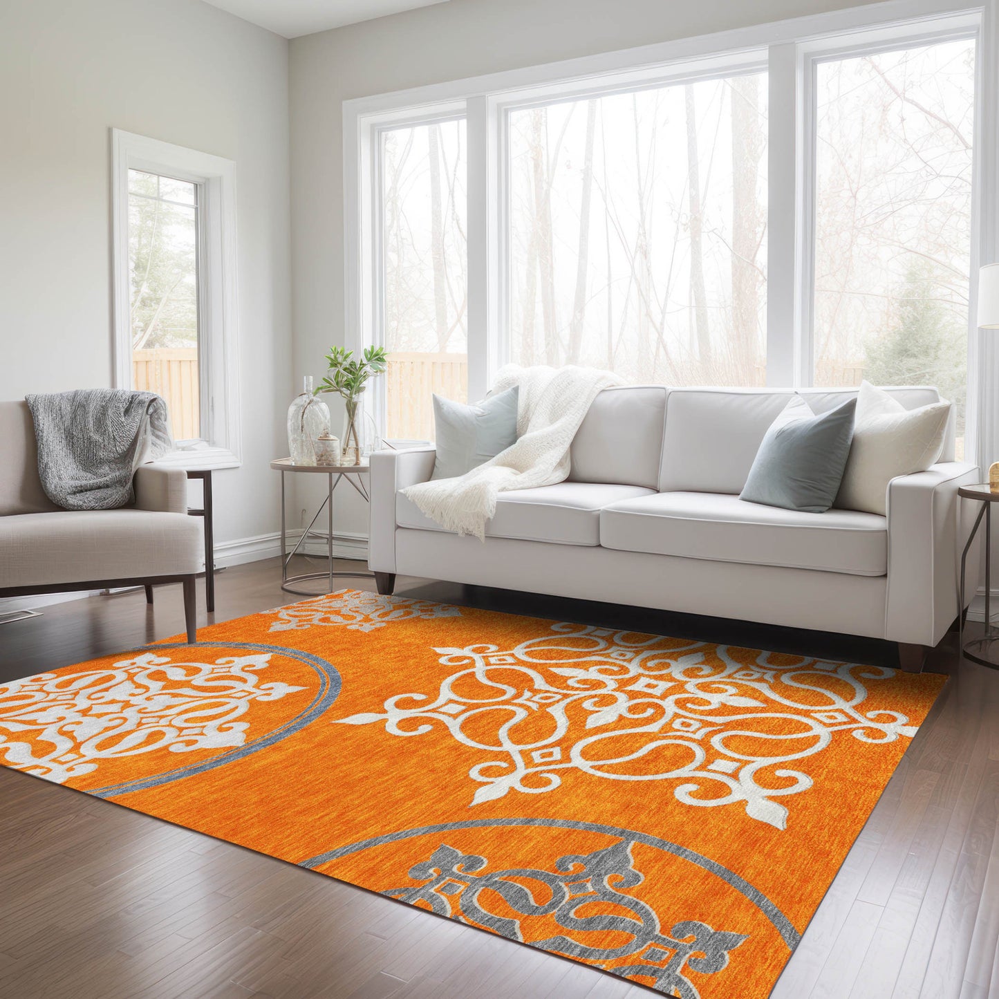 Tabselect Home Line 5' X 8' Orange Gray And Ivory Floral Medallion Washable Indoor Outdoor Area Rug