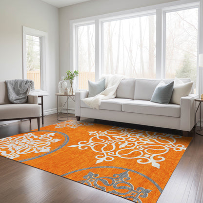Tabselect Home Line 5' X 8' Orange Gray And Ivory Floral Medallion Washable Indoor Outdoor Area Rug
