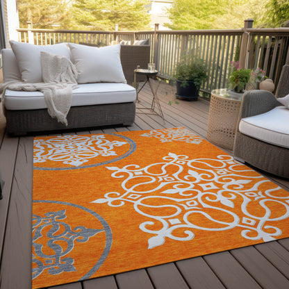 Tabselect Home Line 5' X 8' Orange Gray And Ivory Floral Medallion Washable Indoor Outdoor Area Rug