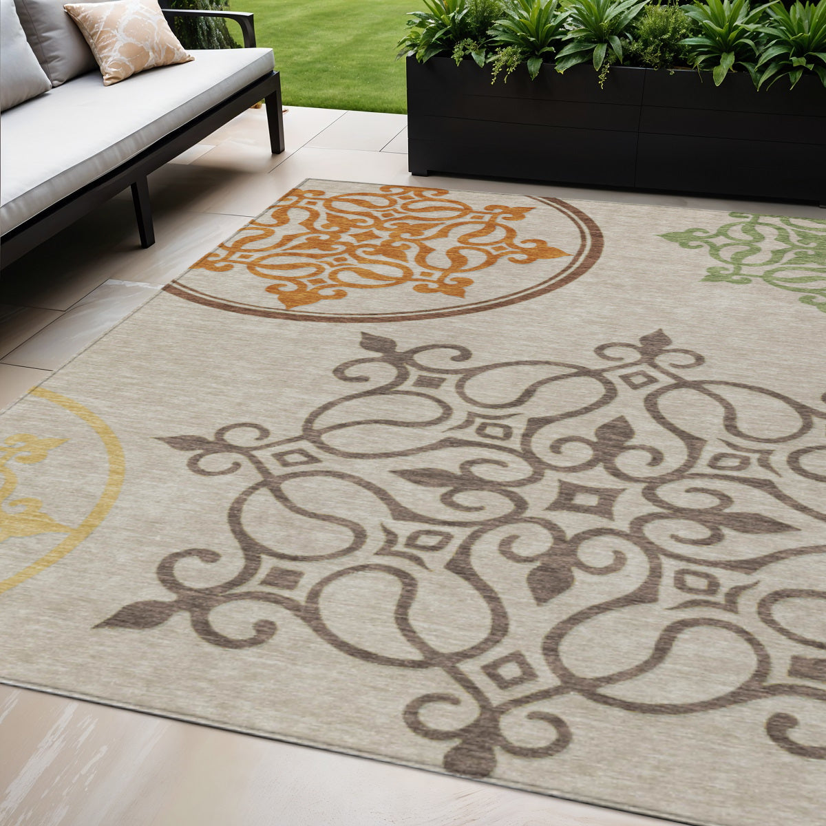 Tabselect Home Line 5' X 8' Taupe Floral Medallion Washable Indoor Outdoor Area Rug