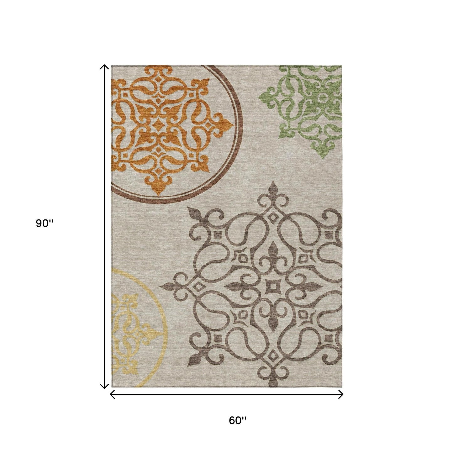 Tabselect Home Line 5' X 8' Taupe Floral Medallion Washable Indoor Outdoor Area Rug