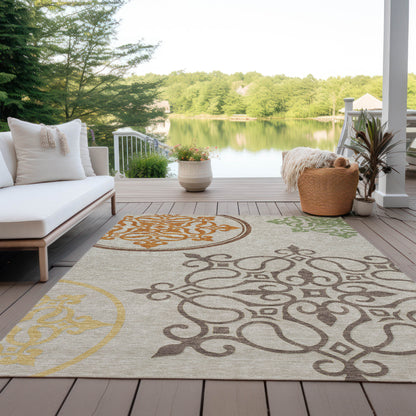 Tabselect Home Line 5' X 8' Taupe Floral Medallion Washable Indoor Outdoor Area Rug