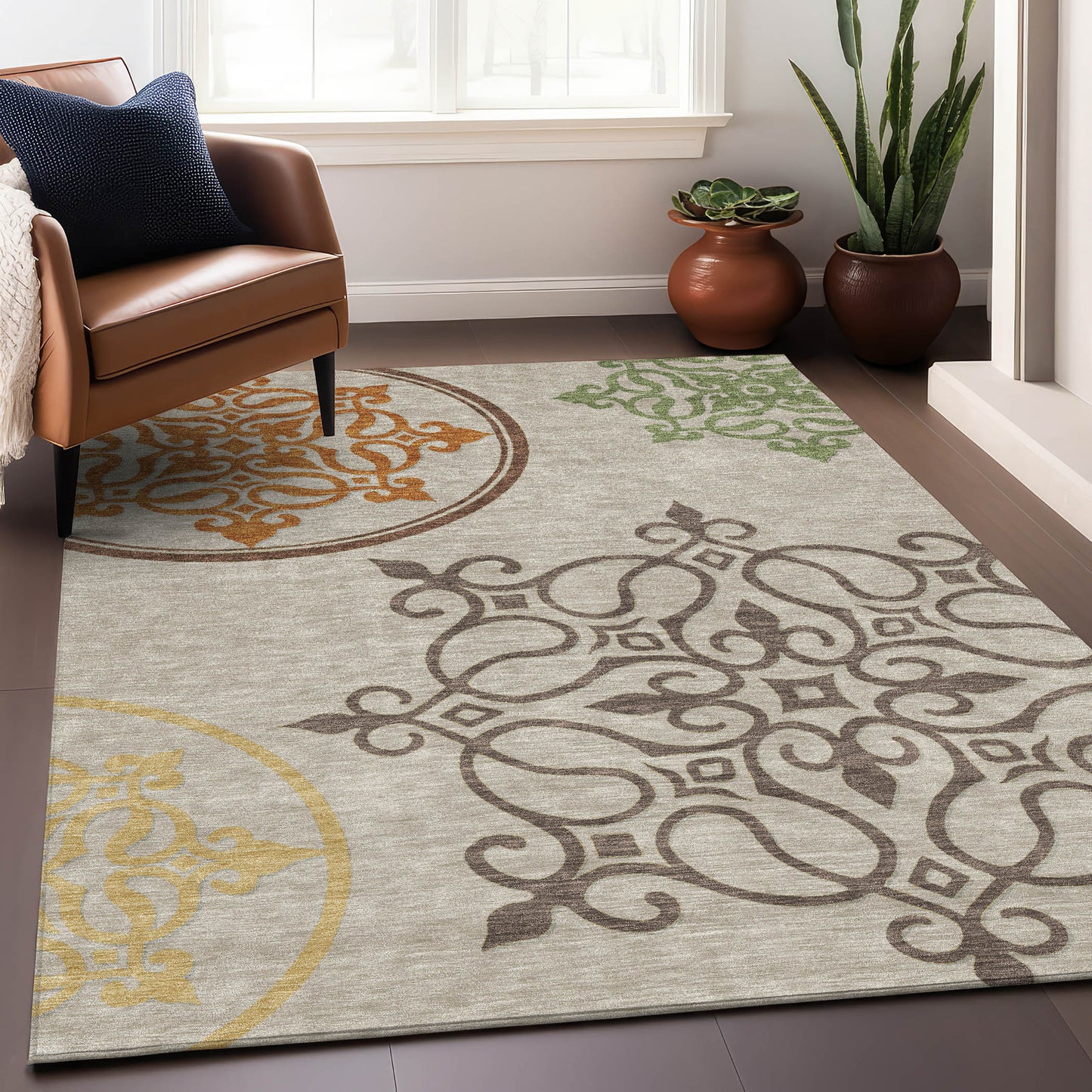 Tabselect Home Line 5' X 8' Taupe Floral Medallion Washable Indoor Outdoor Area Rug