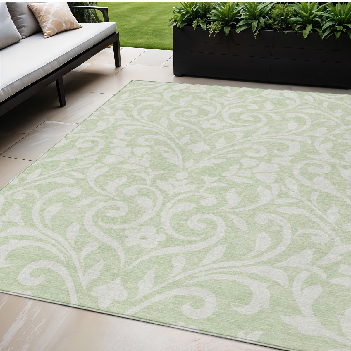 Tabselect Home Line 5' X 8' Artichoke Green And Ivory Floral Washable Indoor Outdoor Area Rug