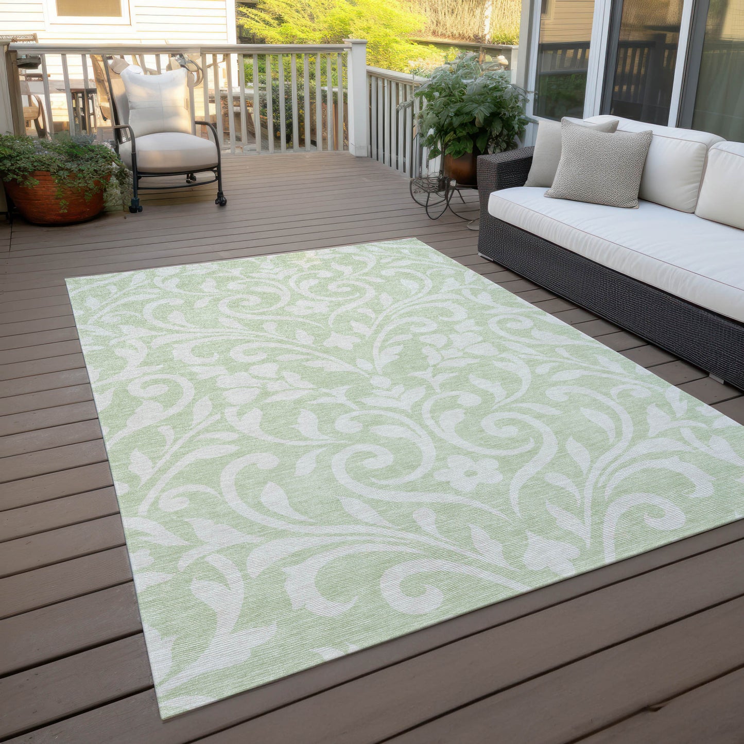 Tabselect Home Line 5' X 8' Artichoke Green And Ivory Floral Washable Indoor Outdoor Area Rug