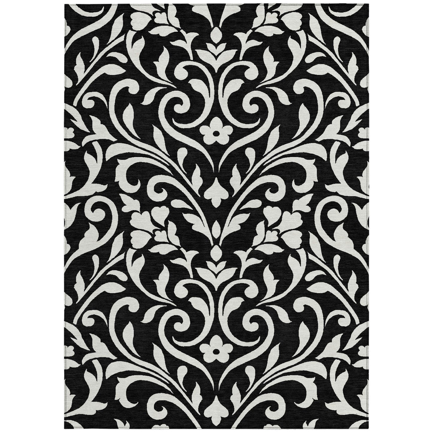 Tabselect Home Line 5' X 8' Black And Ivory Floral Washable Indoor Outdoor Area Rug
