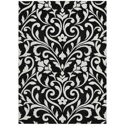 Tabselect Home Line 5' X 8' Black And Ivory Floral Washable Indoor Outdoor Area Rug