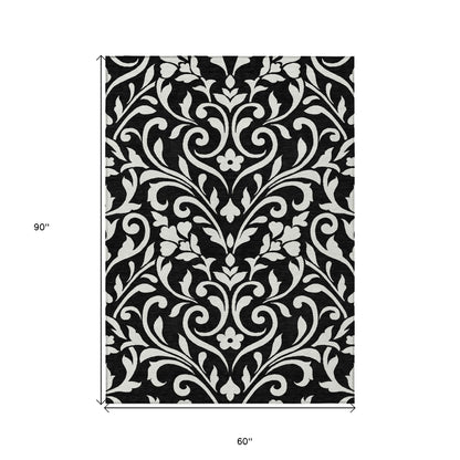 Tabselect Home Line 5' X 8' Black And Ivory Floral Washable Indoor Outdoor Area Rug