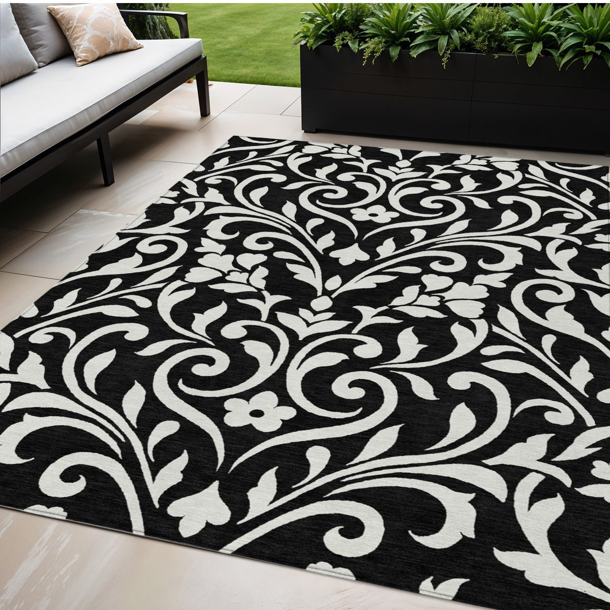 Tabselect Home Line 5' X 8' Black And Ivory Floral Washable Indoor Outdoor Area Rug