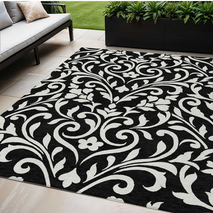 Tabselect Home Line 5' X 8' Black And Ivory Floral Washable Indoor Outdoor Area Rug