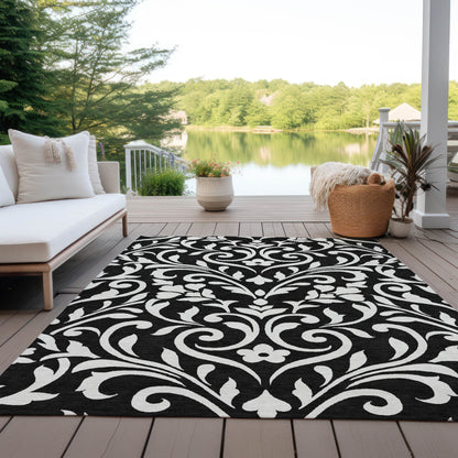 Tabselect Home Line 5' X 8' Black And Ivory Floral Washable Indoor Outdoor Area Rug