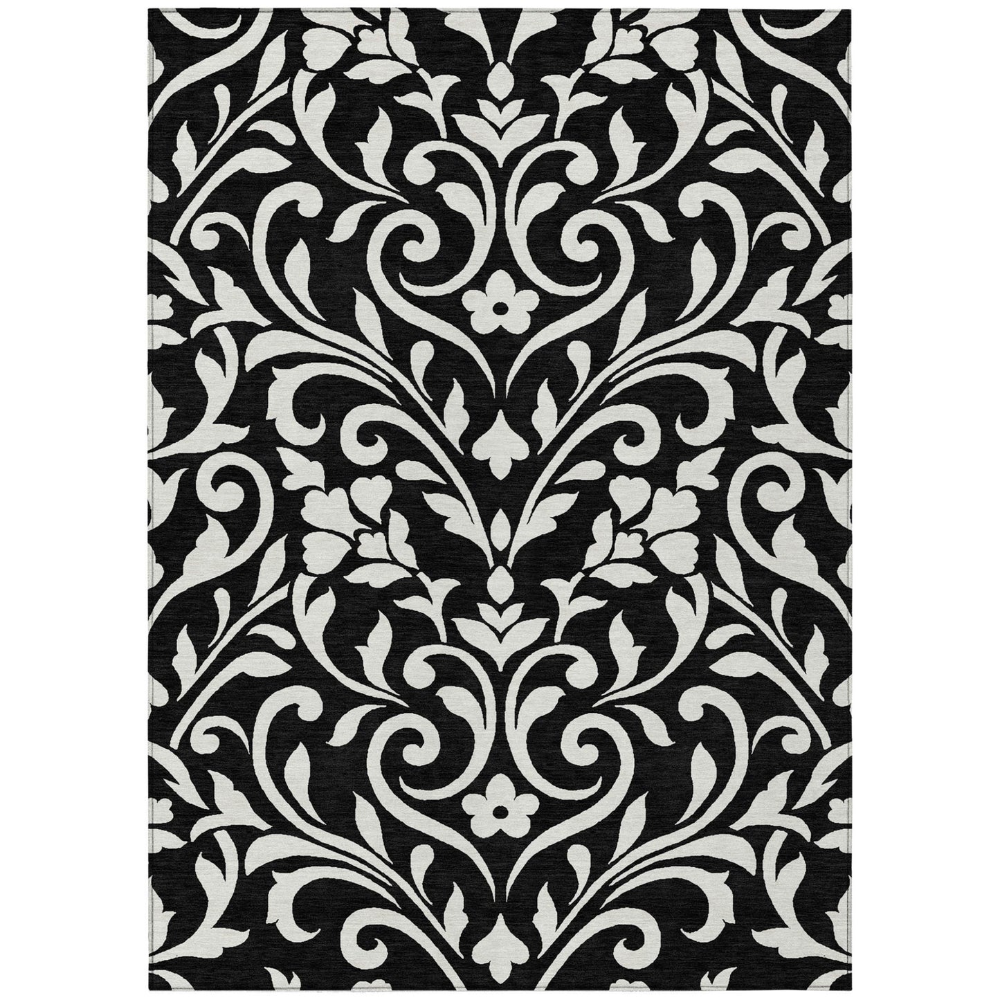 Tabselect Home Line 5' X 8' Black And Ivory Floral Washable Indoor Outdoor Area Rug
