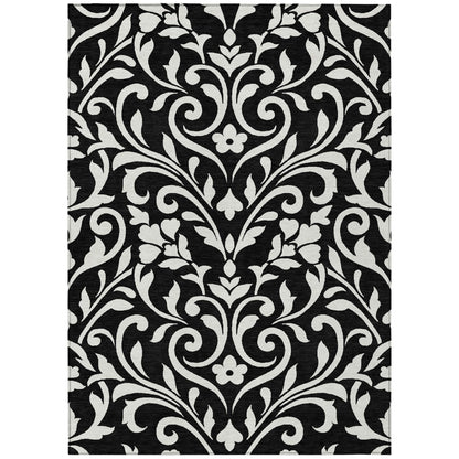 Tabselect Home Line 5' X 8' Black And Ivory Floral Washable Indoor Outdoor Area Rug