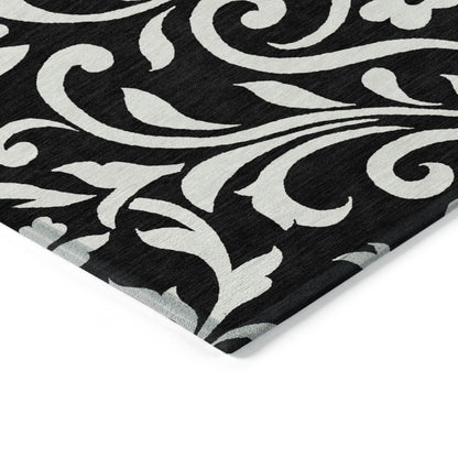 Tabselect Home Line 5' X 8' Black And Ivory Floral Washable Indoor Outdoor Area Rug
