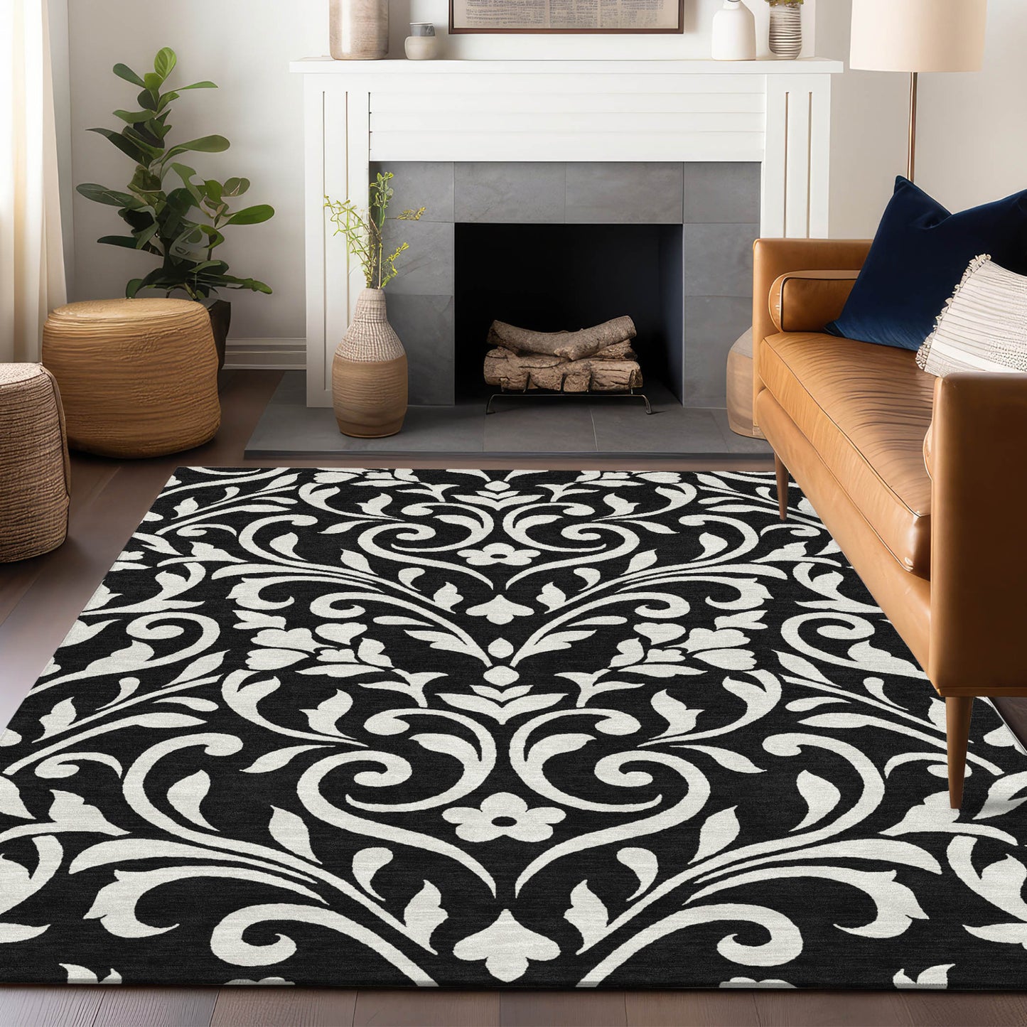 Tabselect Home Line 5' X 8' Black And Ivory Floral Washable Indoor Outdoor Area Rug