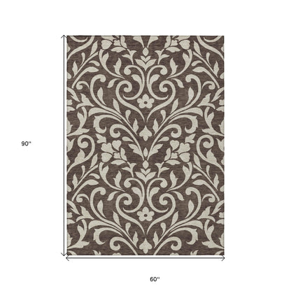 Tabselect Home Line 5' X 8' Chocolate And Ivory Floral Washable Indoor Outdoor Area Rug