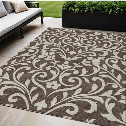 Tabselect Home Line 5' X 8' Chocolate And Ivory Floral Washable Indoor Outdoor Area Rug