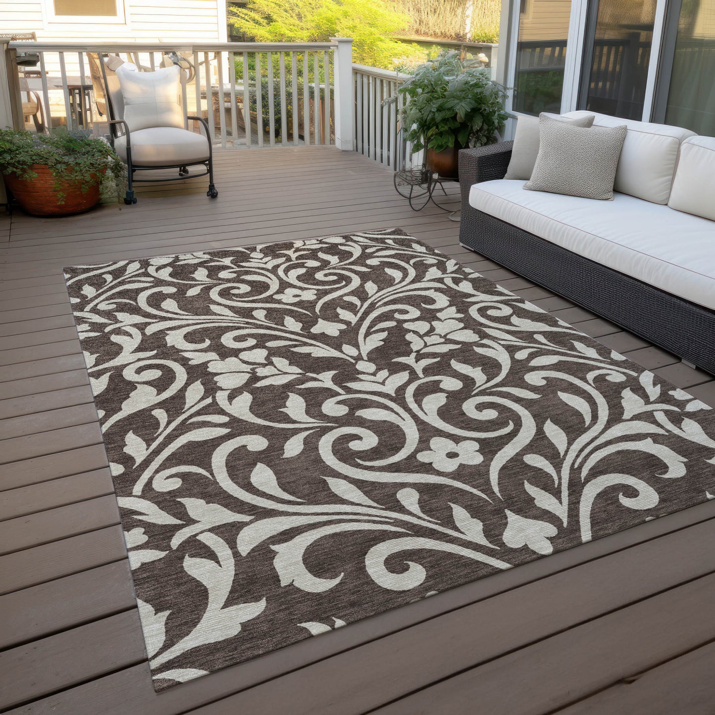 Tabselect Home Line 5' X 8' Chocolate And Ivory Floral Washable Indoor Outdoor Area Rug