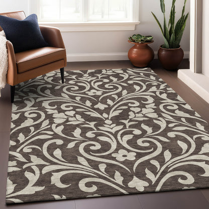 Tabselect Home Line 5' X 8' Chocolate And Ivory Floral Washable Indoor Outdoor Area Rug