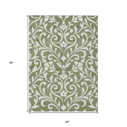 Tabselect Home Line 5' X 8' Fern Green And Ivory Floral Washable Indoor Outdoor Area Rug