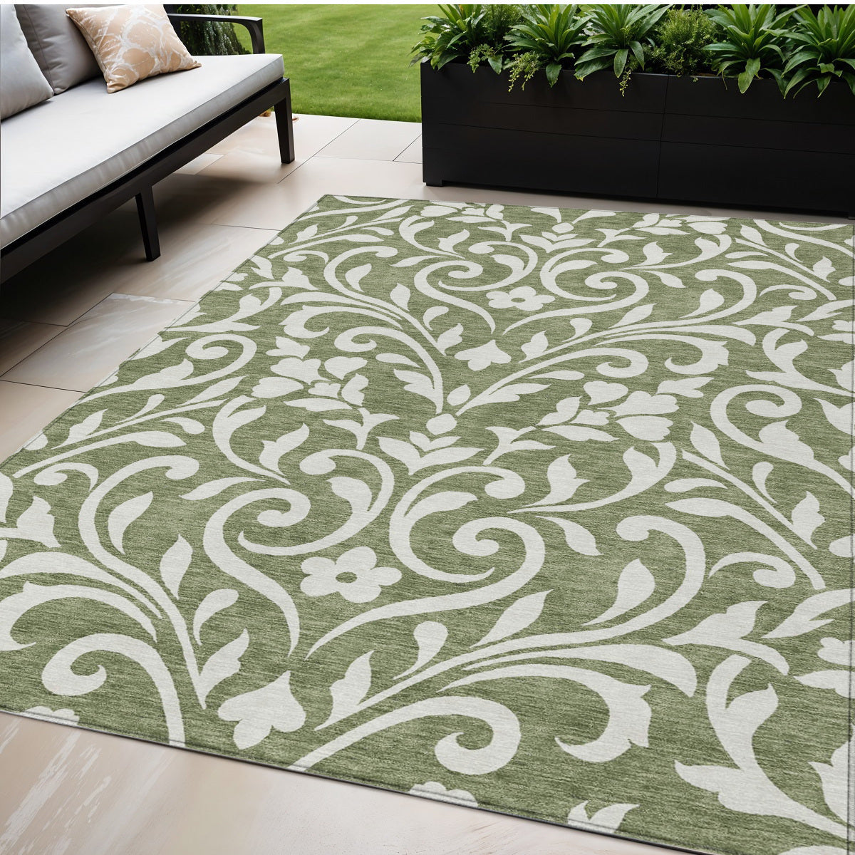 Tabselect Home Line 5' X 8' Fern Green And Ivory Floral Washable Indoor Outdoor Area Rug