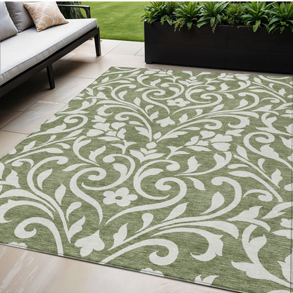 Tabselect Home Line 5' X 8' Fern Green And Ivory Floral Washable Indoor Outdoor Area Rug