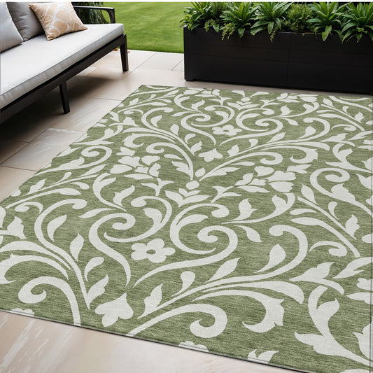 Tabselect Home Line 5' X 8' Fern Green And Ivory Floral Washable Indoor Outdoor Area Rug
