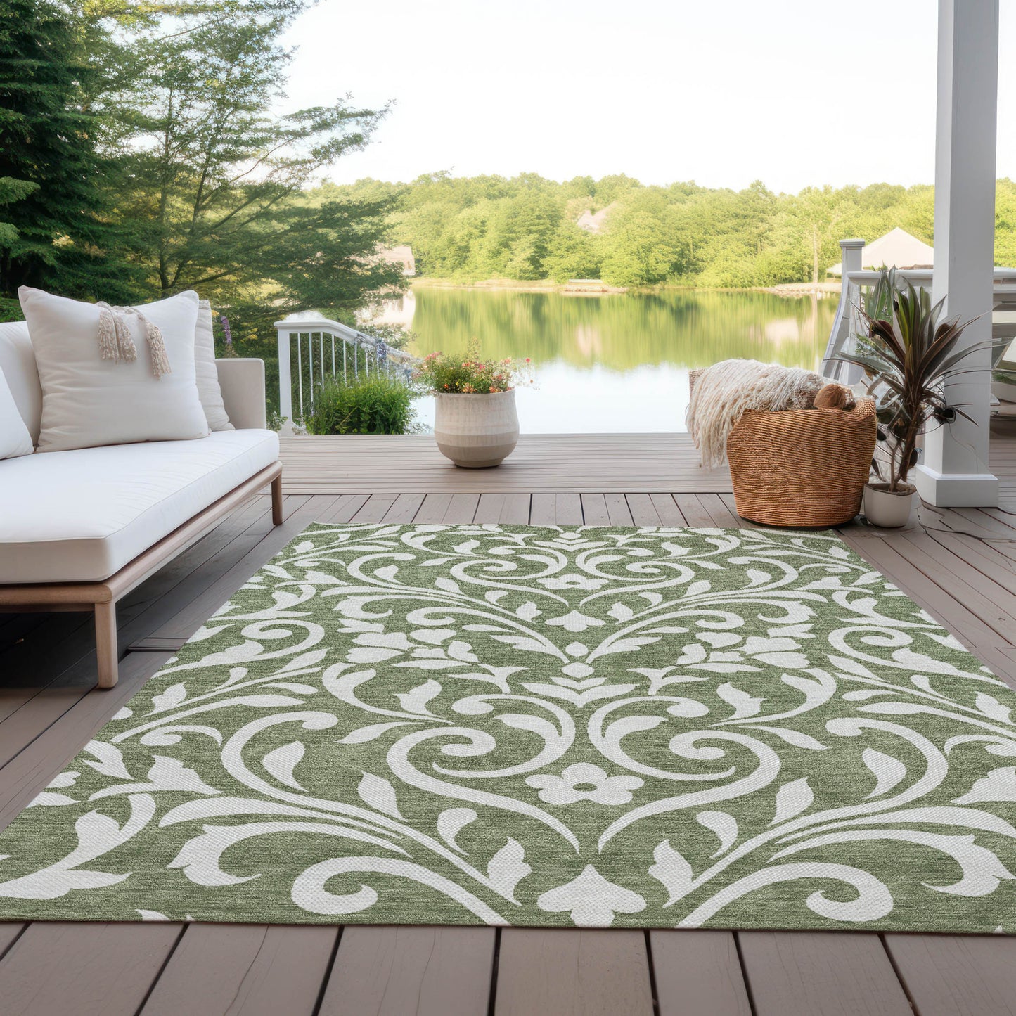 Tabselect Home Line 5' X 8' Fern Green And Ivory Floral Washable Indoor Outdoor Area Rug