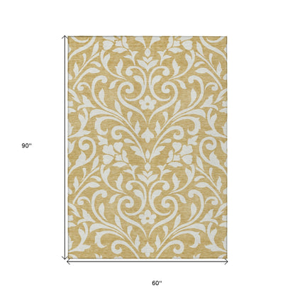 Tabselect Home Line 5' X 8' Gold And Beige Floral Washable Indoor Outdoor Area Rug