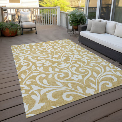 Tabselect Home Line 5' X 8' Gold And Beige Floral Washable Indoor Outdoor Area Rug