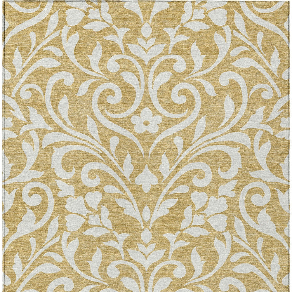 Tabselect Home Line 5' X 8' Gold And Beige Floral Washable Indoor Outdoor Area Rug