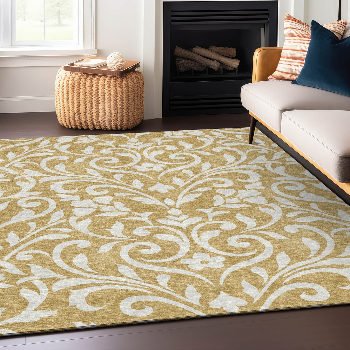 Tabselect Home Line 5' X 8' Gold And Beige Floral Washable Indoor Outdoor Area Rug