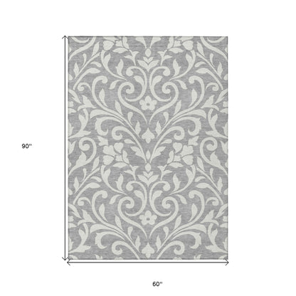 Tabselect Home Line 5' X 8' Gray And Ivory Floral Washable Indoor Outdoor Area Rug