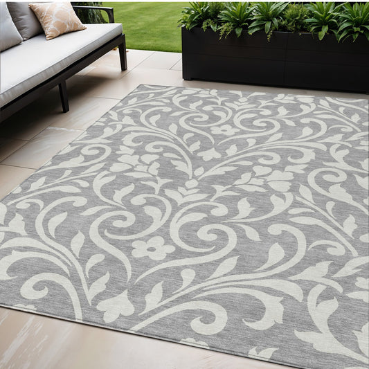 Tabselect Home Line 5' X 8' Gray And Ivory Floral Washable Indoor Outdoor Area Rug