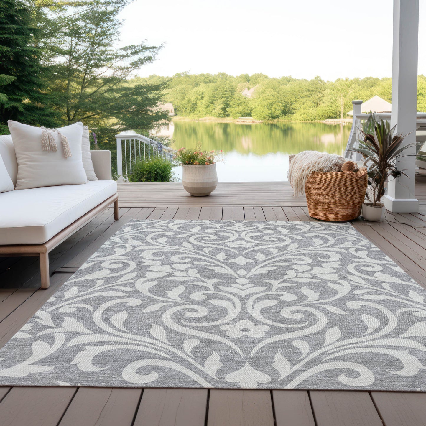 Tabselect Home Line 5' X 8' Gray And Ivory Floral Washable Indoor Outdoor Area Rug